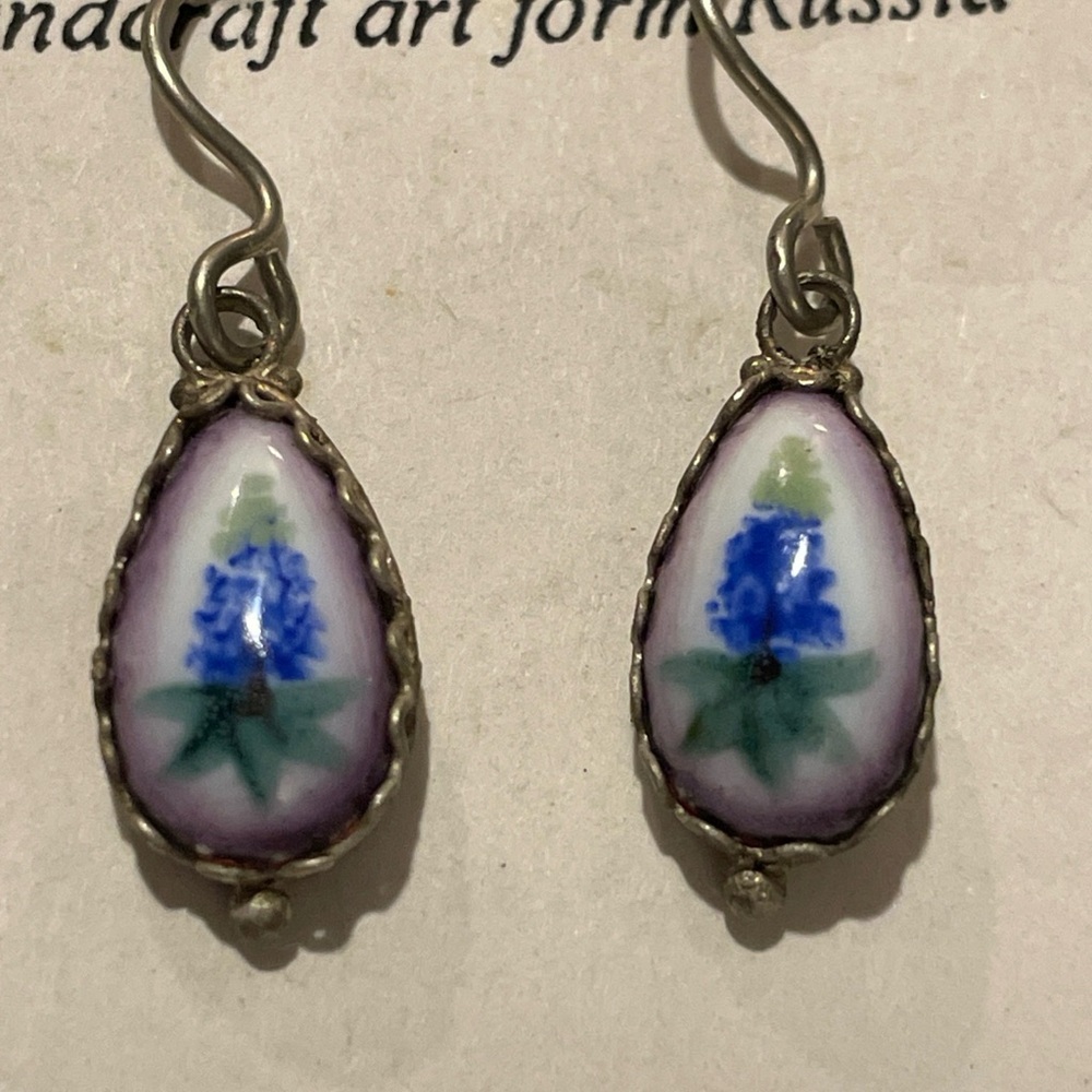 Handcrafted Purple-Edged Blue Floral Teardrop Russian Rostov Enamel Earrings